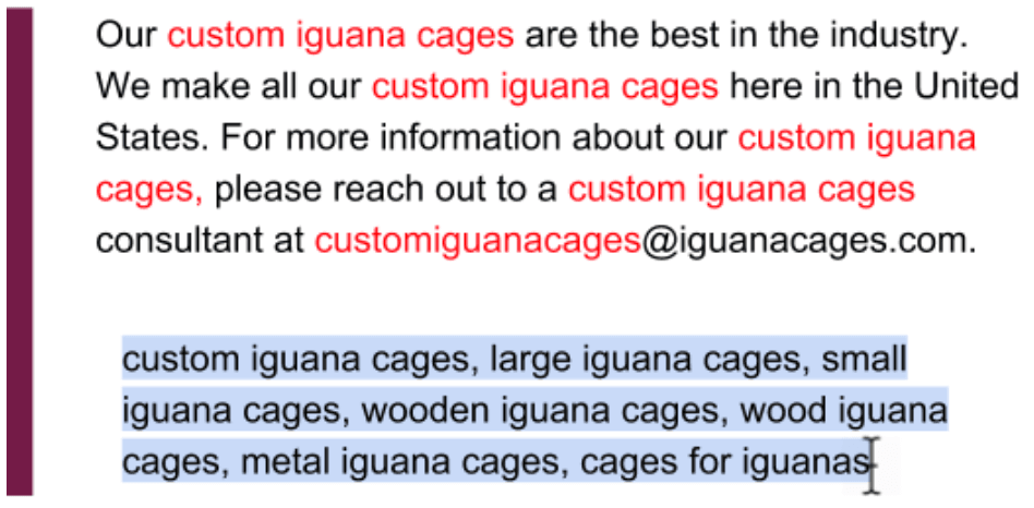 Example of text with hidden keywords on the page